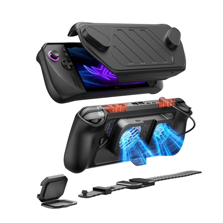 Carcasa modulara Hrusitoo pentru ASUS ROG Ally X, cu ventilator de racire, capac de protectie, suport metalic si curea, set complet