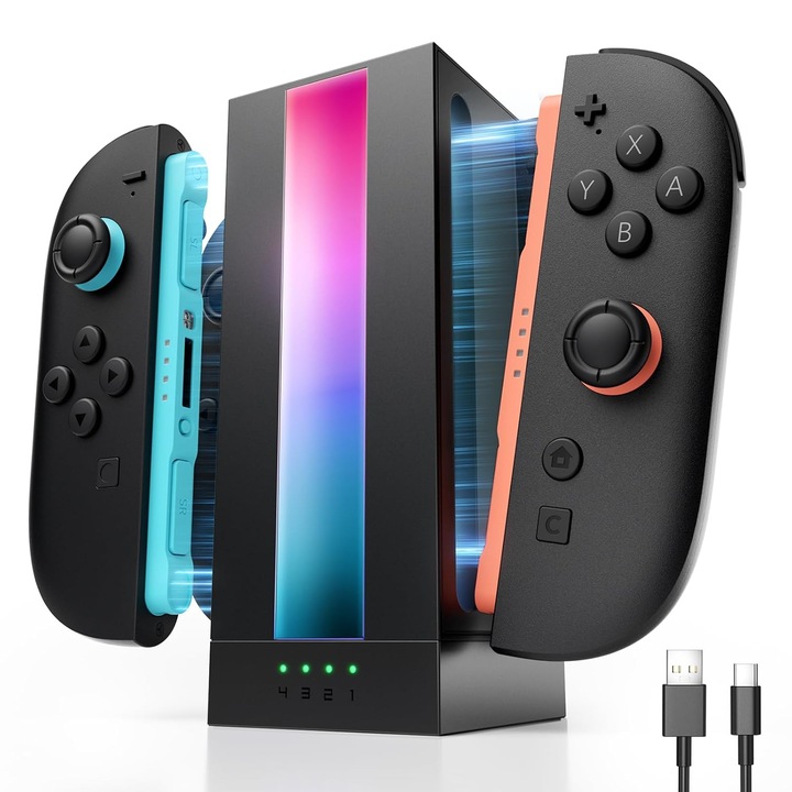 Dock de incarcare Hrusitoo EnergyFlow pentru Switch 2 JoyCon, 4-in-1, incarcare rapida, iluminare RGB, cablu USB C de 1.5m
