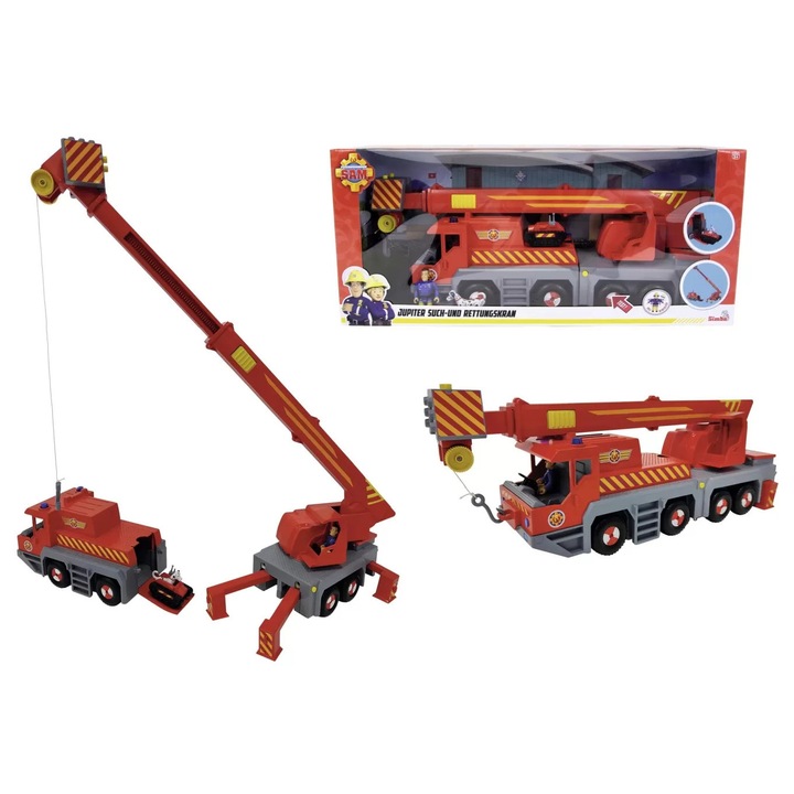 Camion toy, Simba, Pompierul Sam, set 2 in 1, cu macara, lumini, sunete, 3 ani