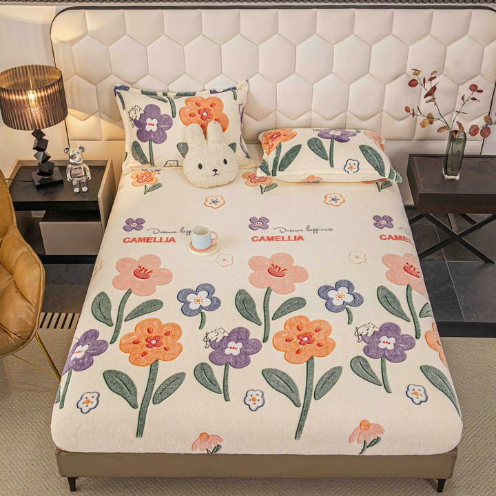 Husă de pat Cocolino MHR 180x200 cm cu elastic, 2 fețe de pernă 50x70 cm, albastru-gri-galben