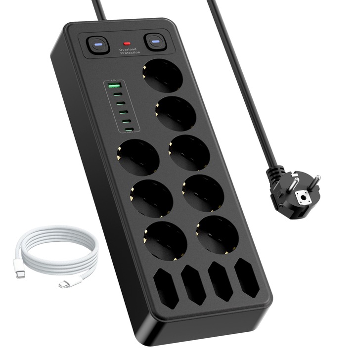 Разклонител с 12 контакта, 18-в-1, със защита от пренапрежение, просторни контакти, 45° наклонен дизайн, LED превключвател, идеален за офис и кухня, 2 м захранващ кабел, 1.5 м плетен кабел за данни, Черен