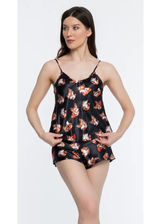 Pijama seductoare pentru acasa, 2 piese din satin, top cu bretele si pantaloni scurti cu talie elastica, Negru