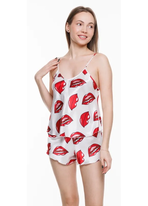 Pijama seductoare pentru acasa, 2 piese din satin, top cu bretele si pantaloni scurti cu talie elastica, Alb/Roz