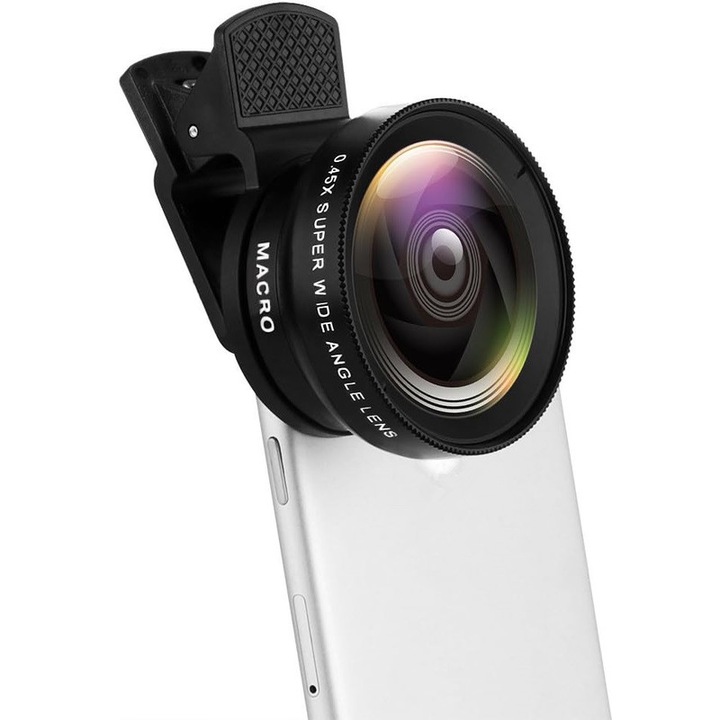 Tioialz® Obiectiv pentru camera telefon mobil, accesoriu profesional universal cu clips pentru fotografiere pe telefon mobil, kit de obiective supermacro 0, 45x cu unghi larg 12, 5x pentru iPhone si telefoane Android