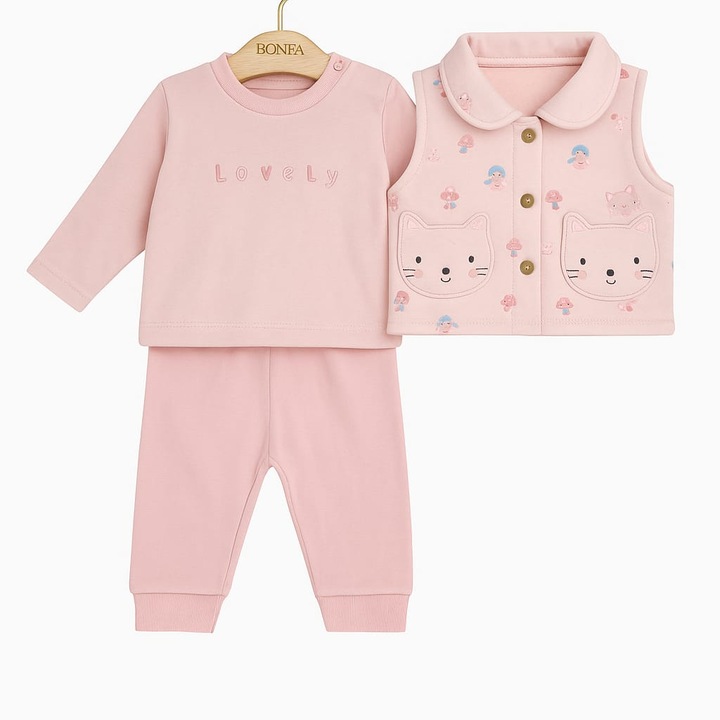 Compleu bumbac 3 piese fetite roz, Roz