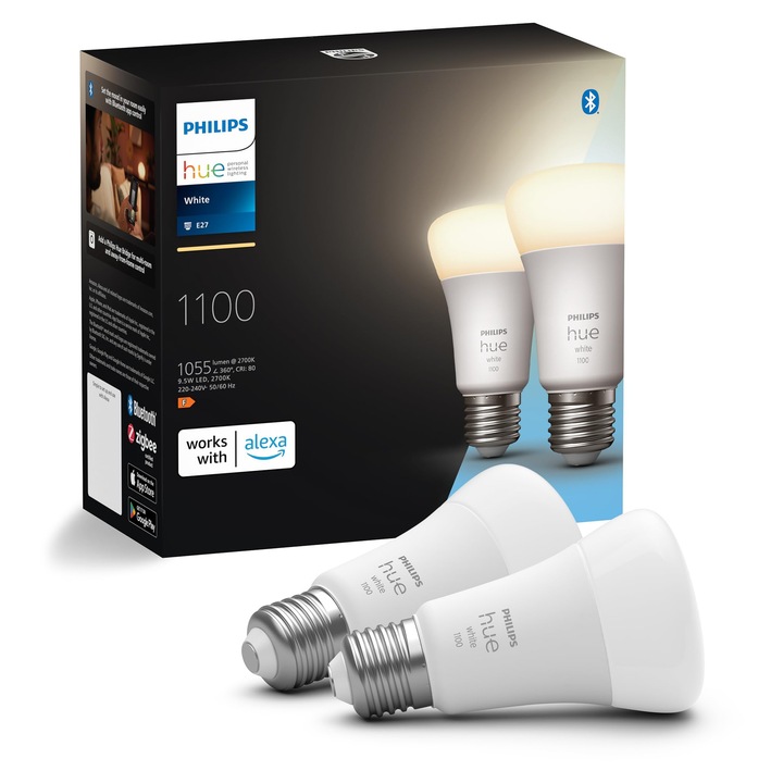 Philips Hue White E27 izzó, 2x1055Lm, szabályozható, meleg fehér, két darabos csomag