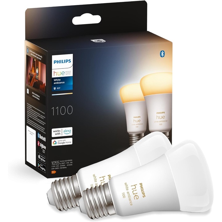 Bec LED Philips Hue White Ambiance E27, 1100 Lm, szabályozható, 2 darabos készlet