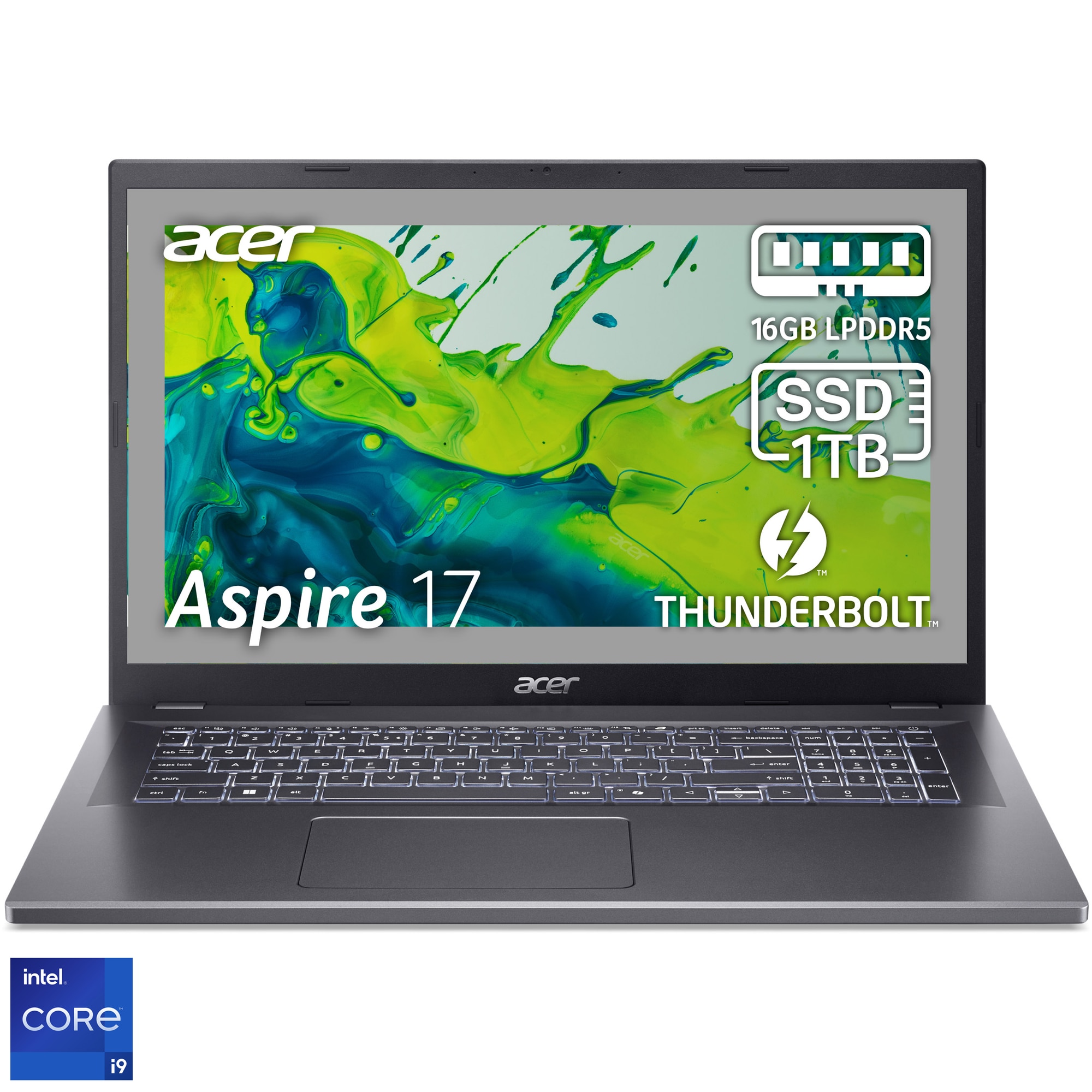 Laptop Acer Aspire 17 cu procesor Intel® Core™ i9-13900H pana la 5.4 GHz, 17.3", FHD IPS, 16GB LPDDR5, 1TB SSD, Intel® Iris® Xe Graphics, No OS, Steel Gray