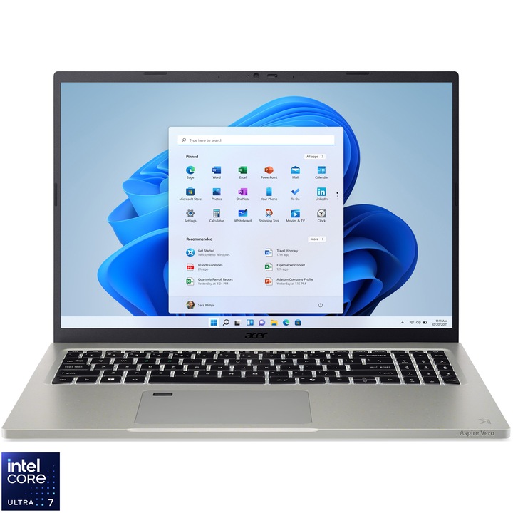 Laptop Acer Aspire Vero 16 cu procesor Intel® Core™ Ultra 7 255H pana la 5.1 GHz, 16", WUXGA IPS, 32GB LPDDR5X, 1TB SSD, Intel® Arc™ 140T GPU, Windows 11 Home, Cobblestone Gray