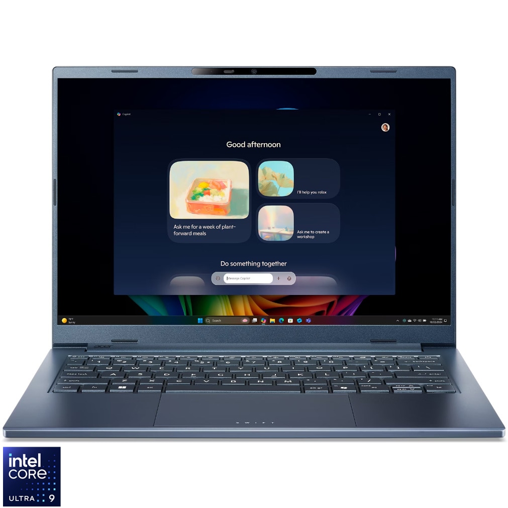 Laptop Acer Swift Go 14 AI OLED cu procesor Intel® Core™ Ultra 9 288V pana la 5.1 GHz, 14", WUXGA OLED, 32GB LPDDR5X, 1TB SSD, Intel® Arc™ Graphics 140V, Windows 11 Home, Steam Blu