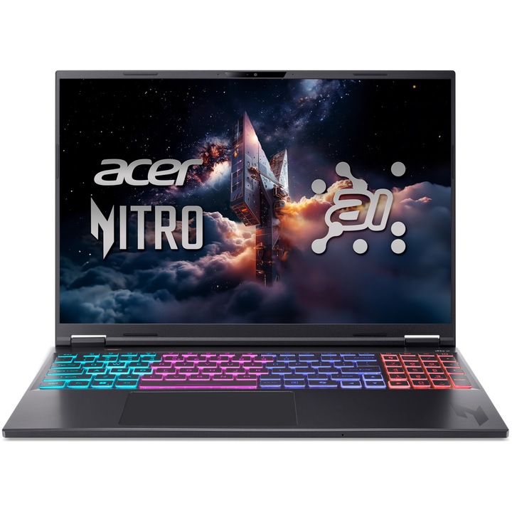 Laptop Gaming Acer Nitro 16S AI cu procesor AMD Ryzen™ AI 9 365 pana la 5.0 GHz, 16", WQXGA IPS, 180Hz, 32GB DDR5, 1TB SSD, NVIDIA® GeForce RTX™ 5070 Ti 12GB GDDR7, No OS, Obsidian Black