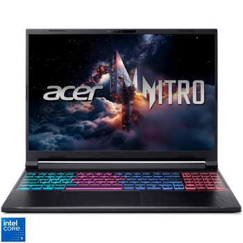 Laptop Gaming Acer Nitro V 16S cu procesor Intel Core 9 270H pana la 5.8 GHz, 16", WQXGA IPS, 180Hz, 32GB DDR5, 1TB + 1TB SSD, NVIDIA GeForce RTX 5070 8GB GDDR7, No OS, Obsidian Black