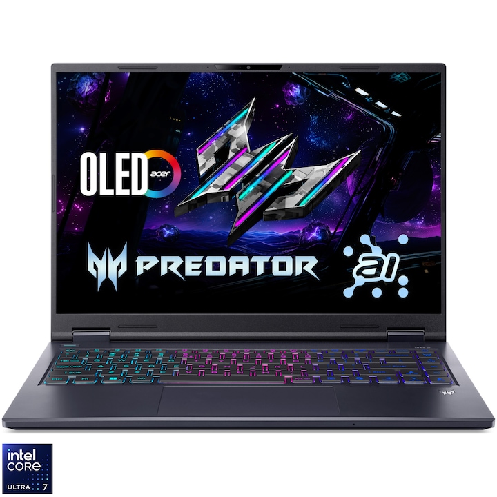Laptop Gaming Acer Predator Helios Neo 14 AI cu procesor Intel® Core™ Ultra 7 255H pana la 5.1 GHz, 14", WQXGA IPS, 165Hz, 32GB LPDDR5X, 1TB SSD, NVIDIA® GeForce RTX™ 5060 8GB GDDR7, No OS, Abyssal Black