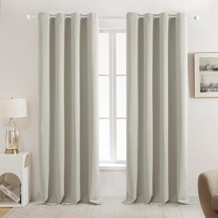 Set 2 perdele Deconovo, opace, impermeabile, prindere cu inele, 140 x 175 cm, culoare bej-gri