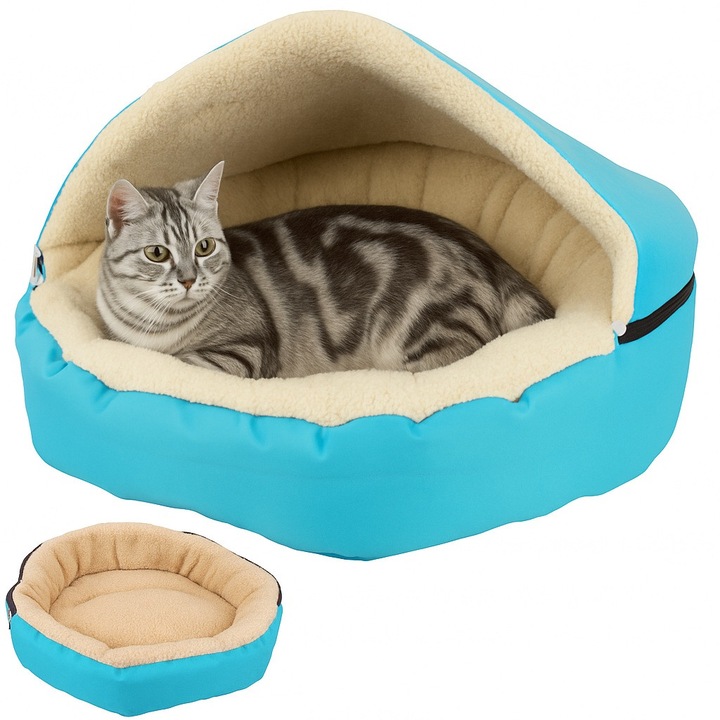 Kutya és macska fekhely, Zola, levehető huzat, 54 x 13 cm, puha anyag, kerek, kék/krémszínű