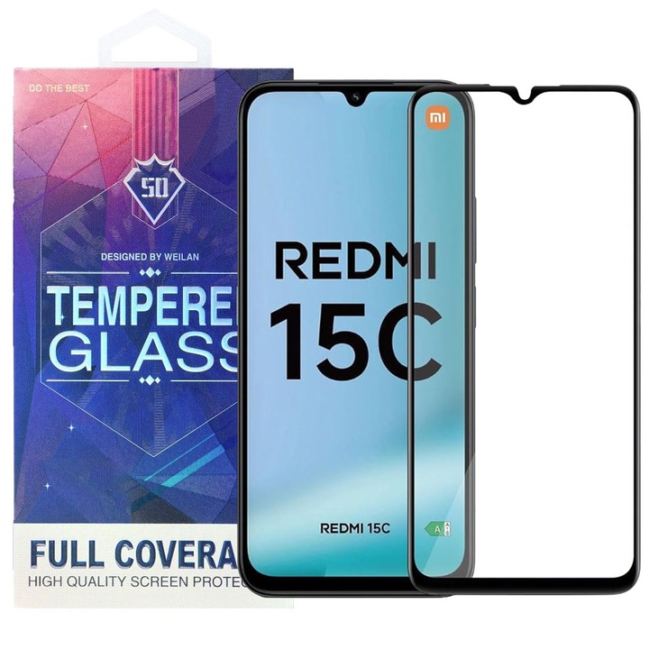 Протектор за Xiaomi Redmi 15C / Poco C85, стъкло, преден, 5D, закален, извит, черна рамка