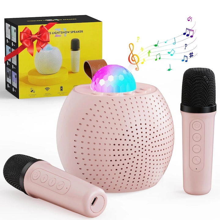 Комплект Bluetooth караоке кутия с 2 безжични микрофона, за възрастни и деца, Seezesol Solution™, за партита и представления, ефекти за промяна на гласа и LED светлина