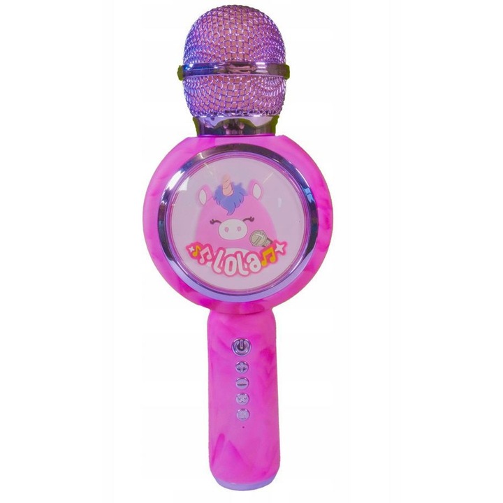 Microfon wireless, Lazerbuilt, KMSQM-BT-LOLA, 2 in 1, 1200 mAh, difuzor Bluetooth, schimbare voce, efecte luminoase, raza de actiune de 10 metri, pana la 3 ore de functionare, cablu USB inclus, multicolor, continut pachet: microfon, cablu USB-C, manual