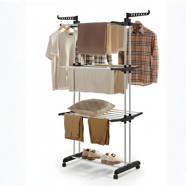 Uscator Vertical Pentru Rufe Haine XXL LEWER®️ 3 Nivele, Pliabil, 14 Suporturi Pentru Umerase, Mobil pe Roti, Economie de Spatiu, Sarcina Maxima 25 kg, Alb