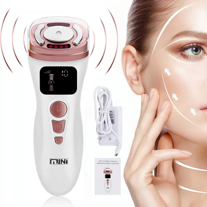 Aparat Facial cu Ultrasunete, DONFANLIA®, Radiofrecventa RF, Ultrasunete HIFU, Lifting, EMS, Fototerapie 3 lumini, Curatare ten, Mezoterapie, Anti Rid/Cearcane/Acnee, elimina Petele, Masaj facial, Intinerirea pielii, Alb