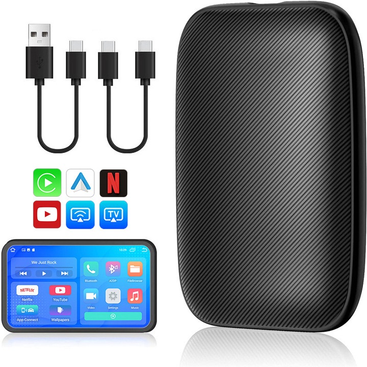 ZYTEQ AI Box autós vezeték nélküli adapter, CarPlay és Android Auto 3-az-1-ben, kompatibilis Apple iOS 12+ és Android 11+ rendszerekkel, egyszerű Plug&Play konfiguráció, Bluetooth 5.4, WiFi 5GHz, Netflix/Youtube/TF kártya támogatás, univerzális, fekete