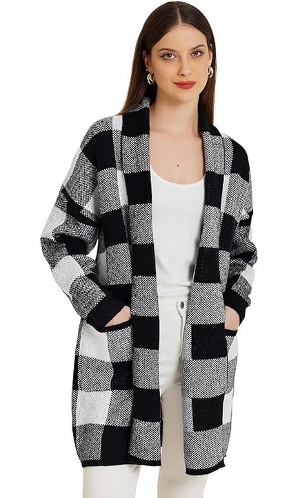 Cardigan lung femei ALLEGRA K, imprimeu în carouri, buzunare laterale, negru cu alb, mărimea M