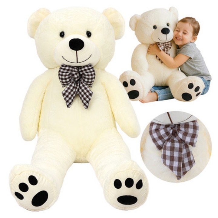 Гигантско плюшено мече, Зола, 100 см, карирана панделка, гъвкаво тяло, пълнеж от PP памук, мек полиестер, кремаво