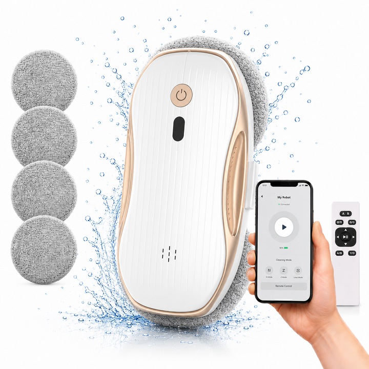 Robot Curatare Geamuri, SeveShop®, Robot Spalat Geamuri Cu Pulverizare Apa Bidirectionala, Stergator Electric Ultra-Subtire Pentru Sticla, Aspirator Geamuri Cu Control APP Si Telecomanda, Tehnologie iAdapt, Protectie Cvadrupla, Alb