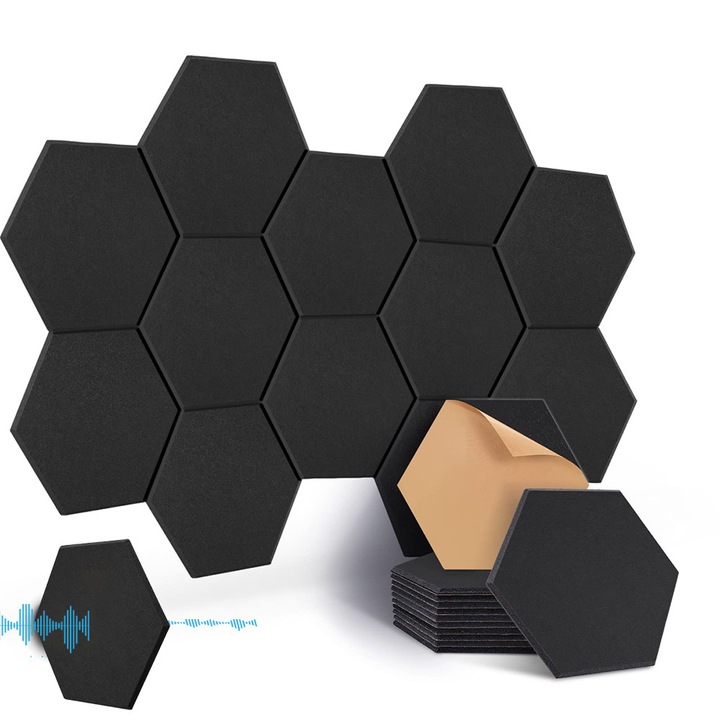 Set 12 Panouri Acustice Autoadezive, Bedee, Reduce zgomotul de fond, Design autoadeziv, hexagon, sigura si durabila, Potrivit pentru studiouri de inregistrari, studiouri de inregistrari acasa, home theater-uri, birouri si birouri de acasa, negru
