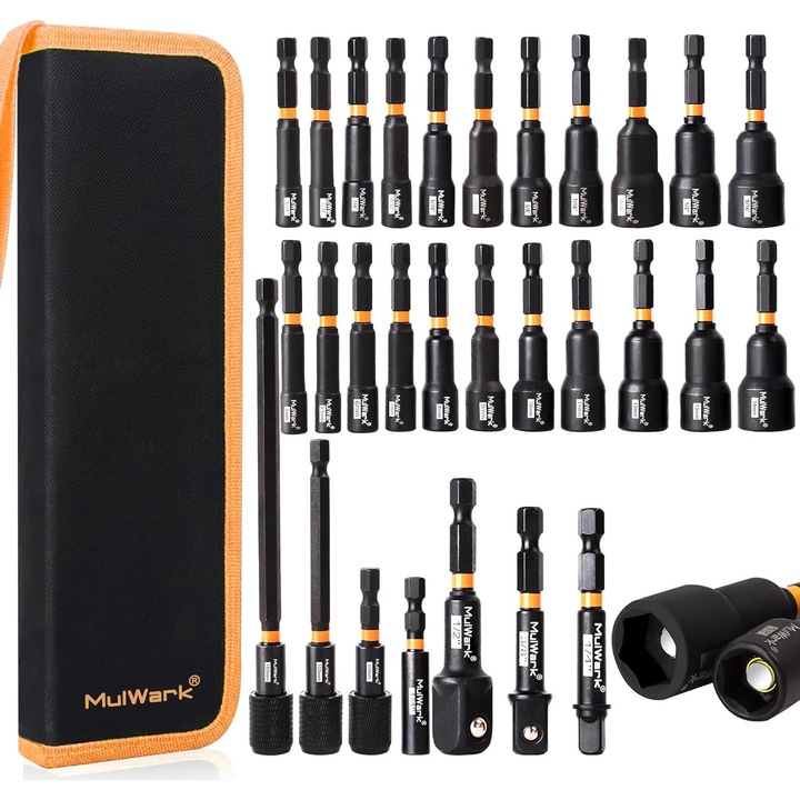 Set MulWark 29 piese cu chei tubulare magnetice, adaptor impact drill, dimensiuni SAE si metrice, suport magnetic pentru biti, extensii cu eliberare rapida si geanta de depozitare
