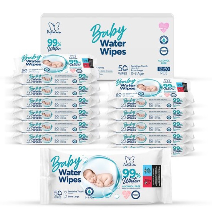 Pachet 12 x Servetele Umede Papilion Baby 99% Water 50 Buc