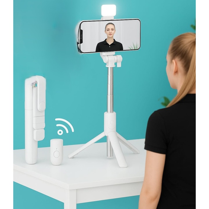 Selfie Stick Telescopic 70cm cu Trepied BT, Lumina si Telecomanda, 360 grade, Bloototh 10m, Portabil, Fotografiere orizontala si verticala, Wireless, ALB