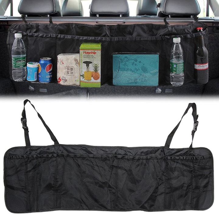 PortBag Organizer, Sistem Auto de Organizare cu 6 Buzunare, Dimensiune 33x104 cm, Material Rezistent cu Plasa si Curele Reglabile, Depozitare Eficienta pentru Sticle, Alimente, Accesorii Auto, Scule sau Obiecte Personale, Negru