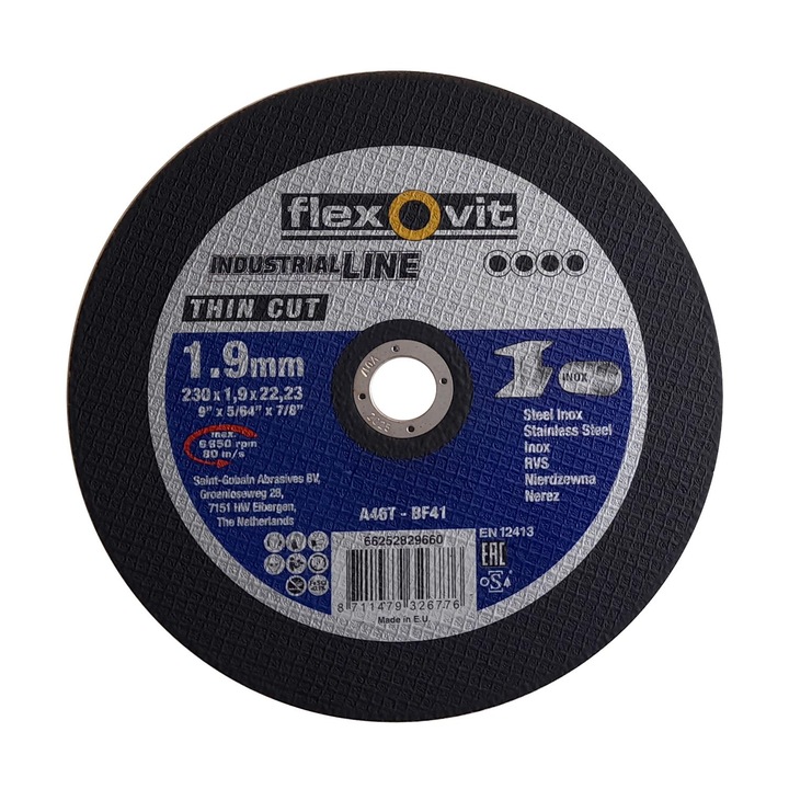 Disc de tăiere FLEXOVIT Industrial Line Thin Cut, 230x1,9x22,23mm, inox și oțel, granulație A 46 T-BF41