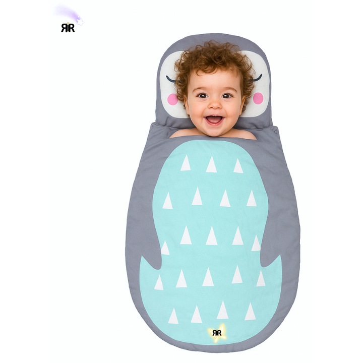 Sac de dormit si paturica pentru copii RIR@, 100x60 cm, bumbac tip matase, moale, respirabil, antibacterian, cu capse si fermoar, multifunctional si versatil, turcoaz