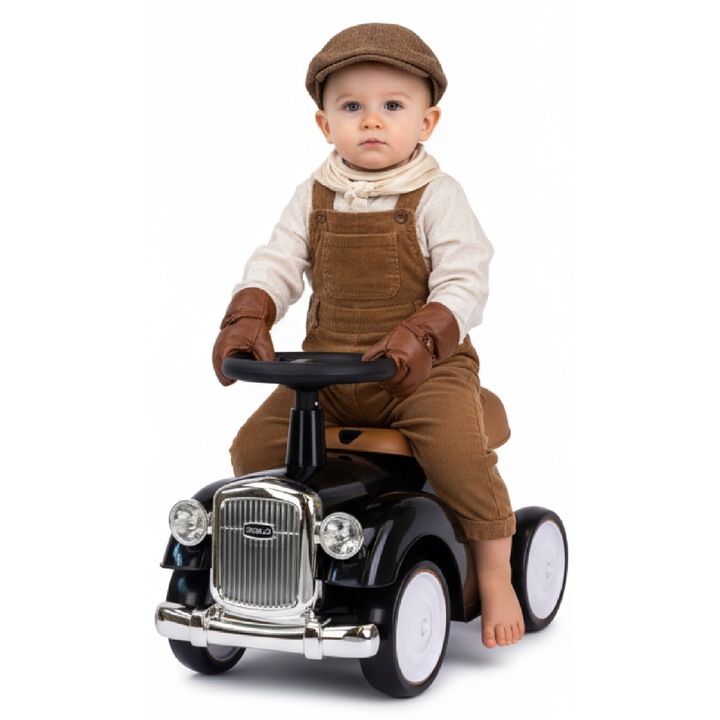 Masina de impins pentru copii 12 luni+, retro, stil cursa, roti EVA, compartiment depozitare, neagra