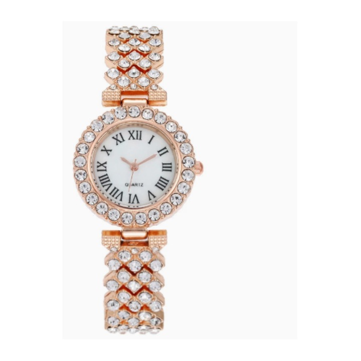 Youkly Ceas de femei cu diamant cu model roman la moda Aur roz