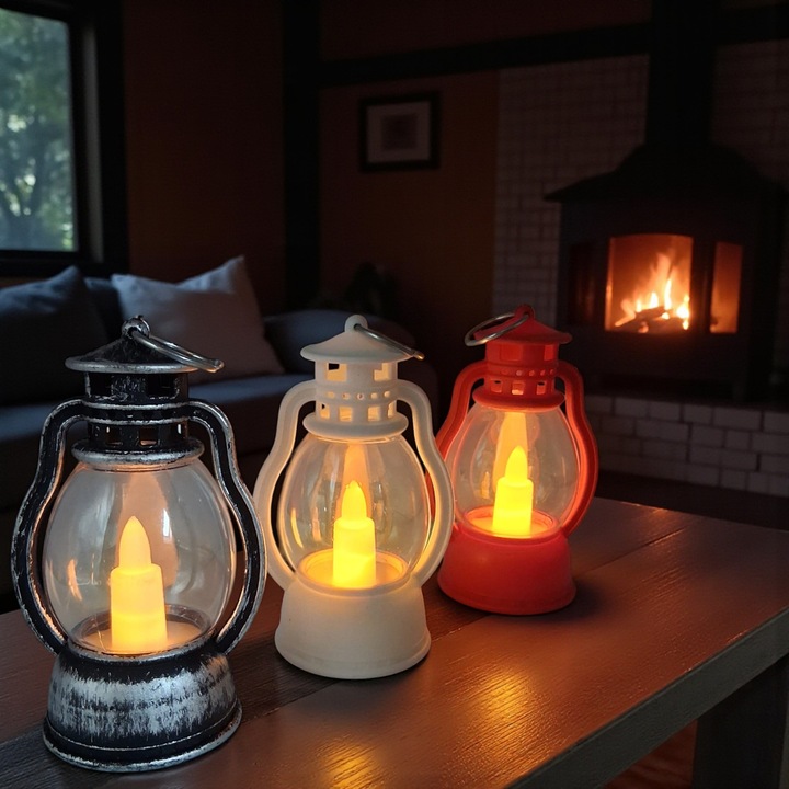 Set 3 MiniFelinare Cu Led, Lumina Calda Sclipitoare, Pentru Casa, Fereastra, Balcon, Diferite Evenimente, 10cm, VisionXXI