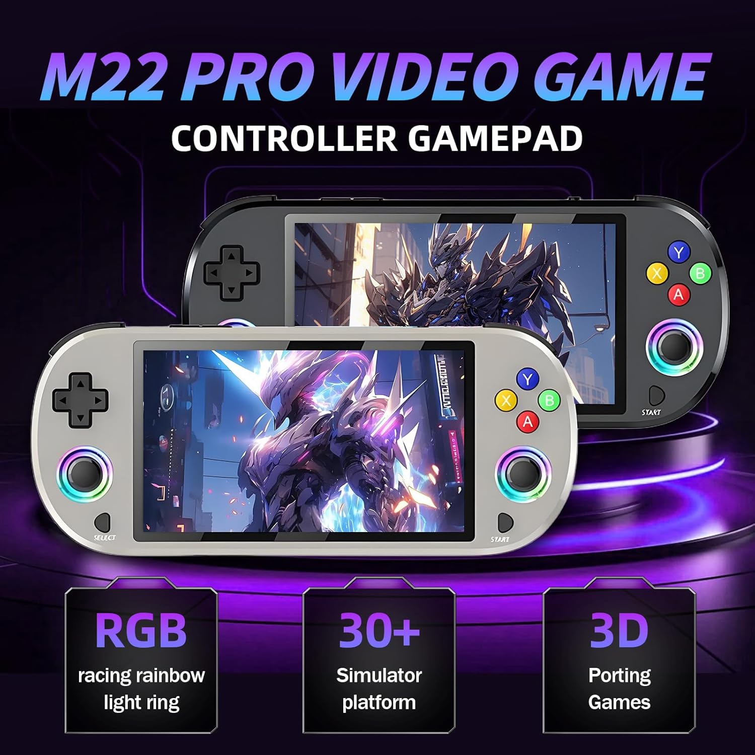 M22 Pro Retro consola de jocuri portabila, 64 GB cu jocuri, procesor quad-core 1.8 GHz, ecran IPS de 5 inch 16 milioane de culori RGB, 1920*1080, 3000 mAh, sistem EmuELEC, 20000 + jocuri clasice, 30 + emulatori, suport pentru card TF, Gri