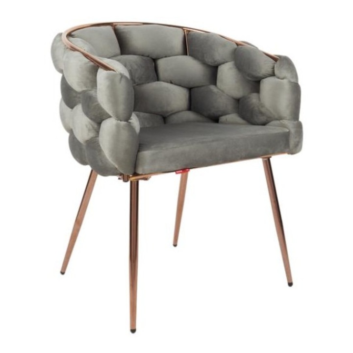 Scaun Living Tapitat KJC17, 67x60x80cm, Gri, stofa catifelata, picioare metalice cupru