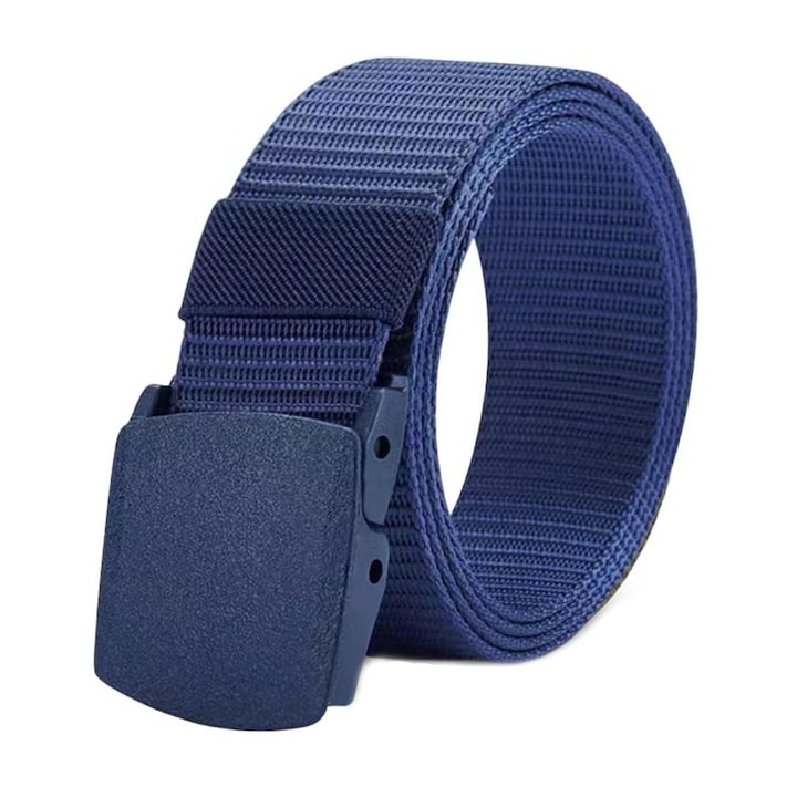Férfi állítható nylon öv, lyuk nélküli kivitel, tartós műanyag csattal, 120 cm, kék – modern, kényelmes és sokoldalú stílus