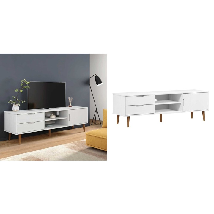 Dulap TV „MOLDE” alb, 158x40x49 cm, lemn masiv de pin