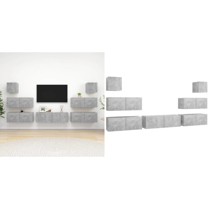 Set de dulap TV, 7 piese, gri beton, lemn prelucrat