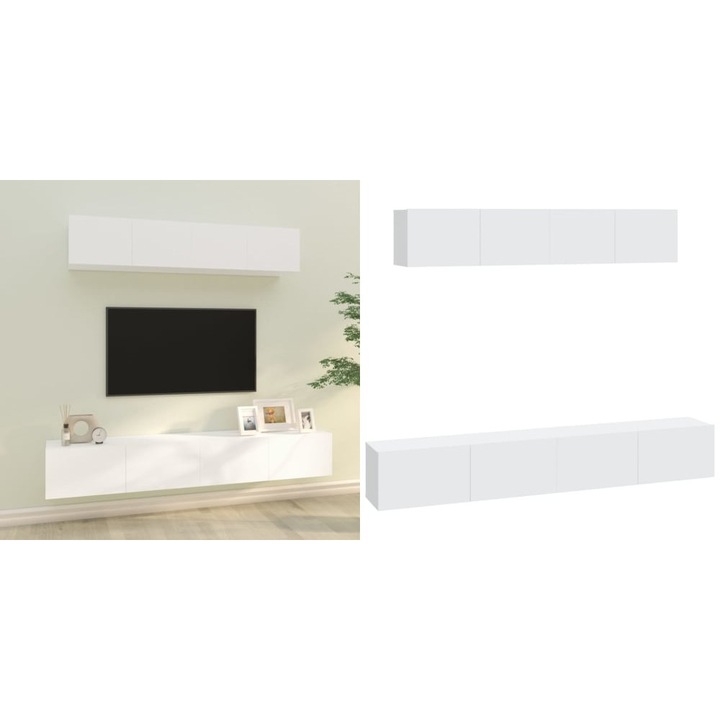 Set dulap TV, 4 piese, alb, lemn prelucrat