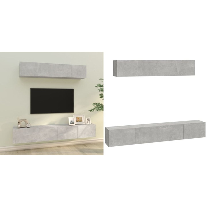 Set dulap TV, 4 piese, gri beton, lemn prelucrat