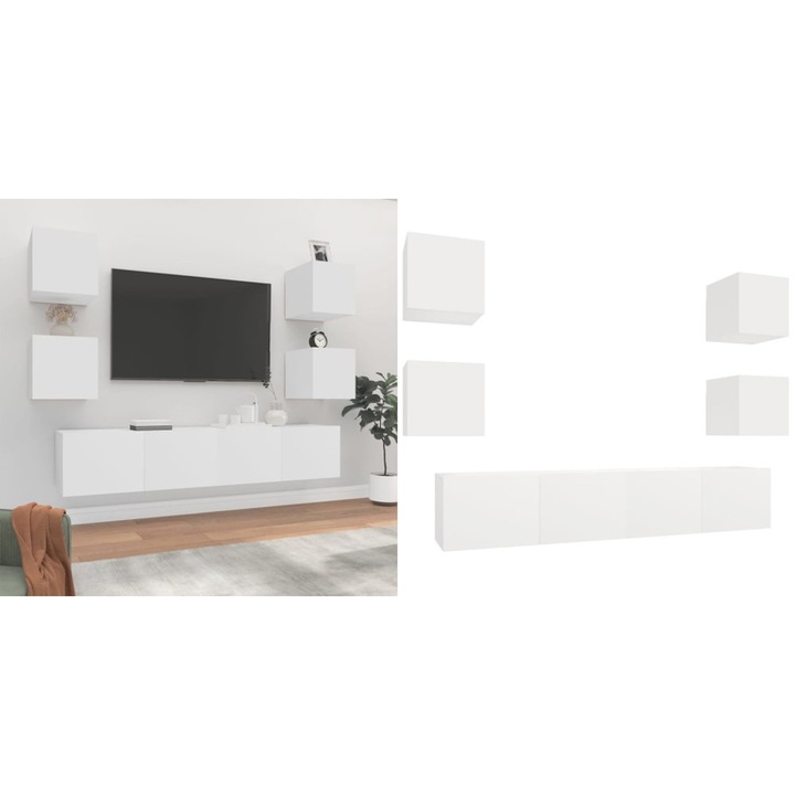 Set dulap TV, 6 piese, alb, lemn prelucrat