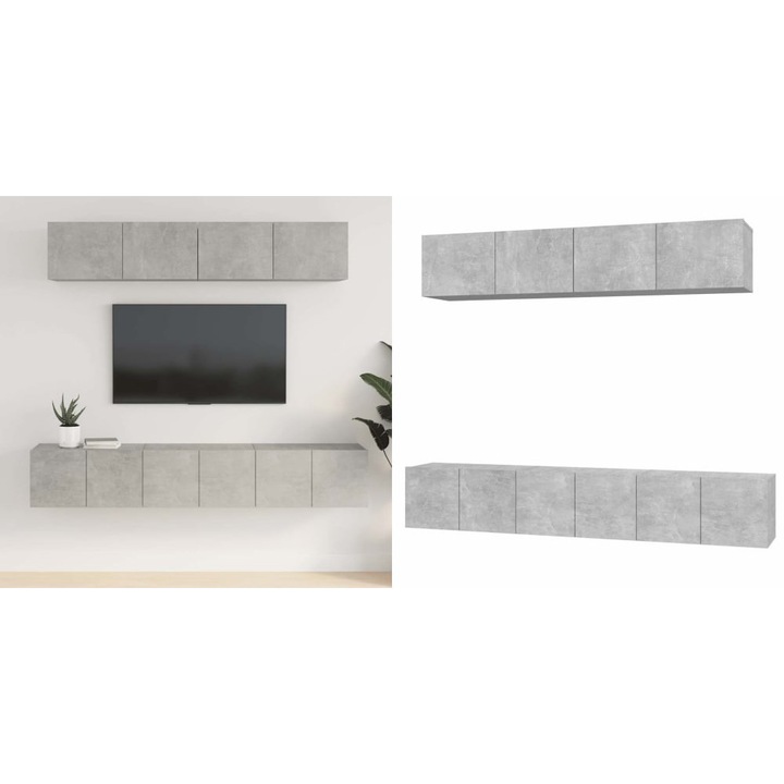 Set dulap TV, 5 piese, gri beton, lemn prelucrat