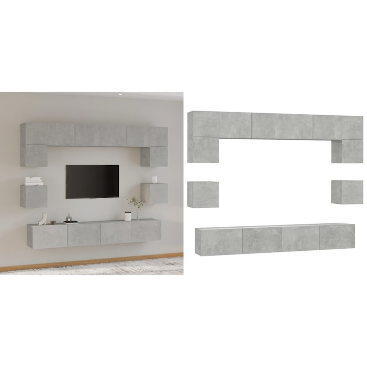 Set dulap TV, 8 piese, gri beton, lemn prelucrat