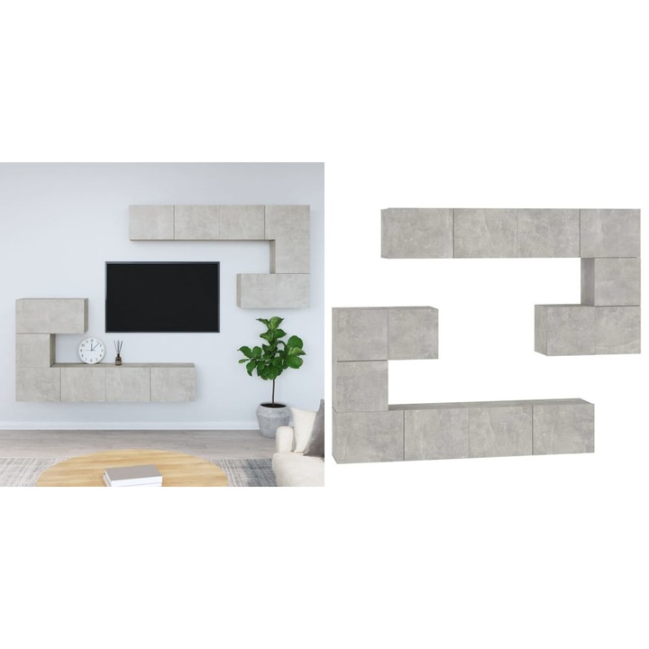 Dulap TV montat pe perete, gri beton, lemn prelucrat