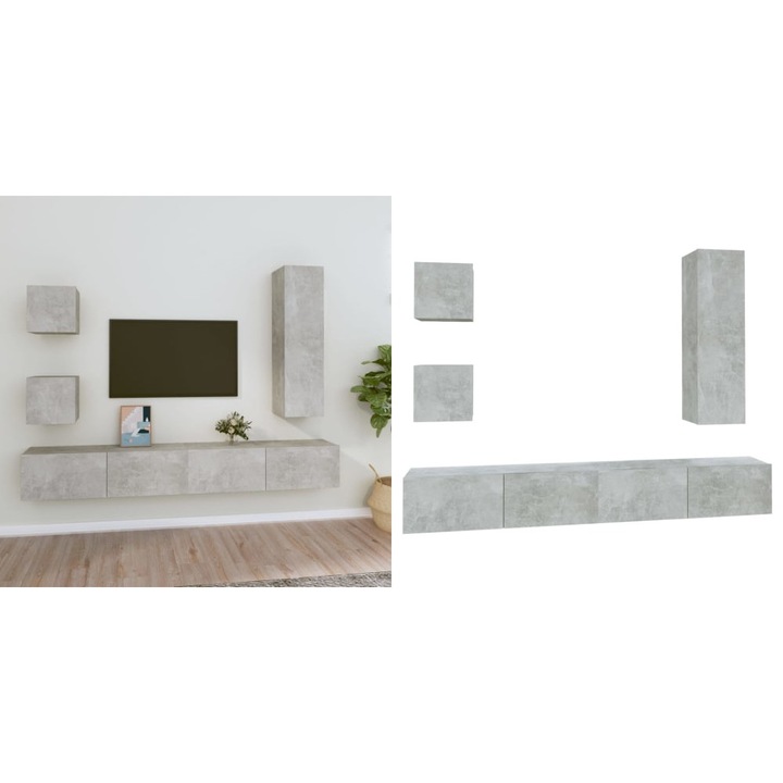 Set dulap TV, 5 piese, gri beton, lemn prelucrat